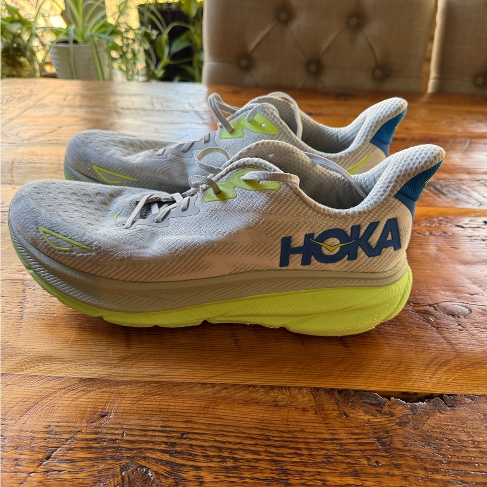 HOKA Gray and Neon Green Clifton 9 Running Shoes